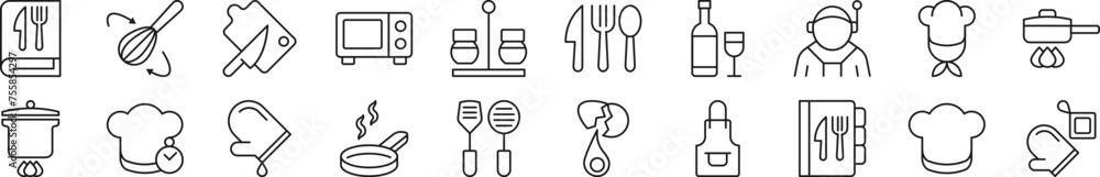 Poster collection of thin line icons of chef. editable stroke. simple linear illustration for web sites, ne