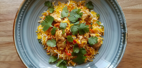 A vibrant plate of Chicken Biryani, with rich hues of yellow and orange rice, garnished with bright green coriander leaves