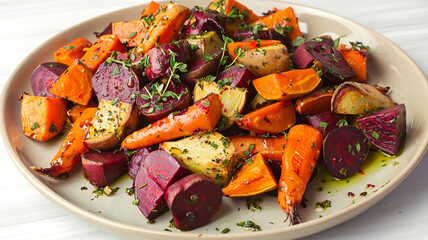 A vibrant plate of roasted root vegetables, including carrots, beets