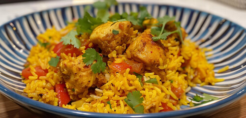 A vibrant plate of Chicken Biryani, with rich hues of yellow and orange rice, garnished with bright green coriander leaves