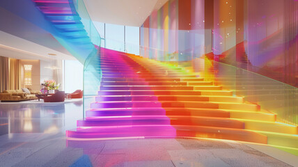 Designing a staircase in a vibrant rainbow palette, with each step a different color, to create a...