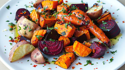 A vibrant plate of roasted root vegetables, including carrots, beets