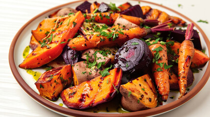 A vibrant plate of roasted root vegetables, including carrots, beets