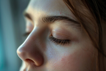 Macro photography of womans closed eyes with eyelash extensions and eye shadow