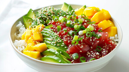 A vibrant poke bowl with marinated tuna, avocado, mango