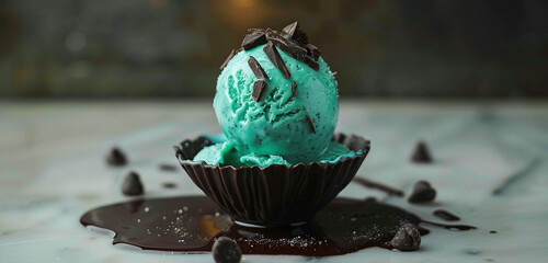 A vibrant, teal-colored spirulina and lemon ice cream, with a dark chocolate shell, for a visually striking and refreshing dessert
