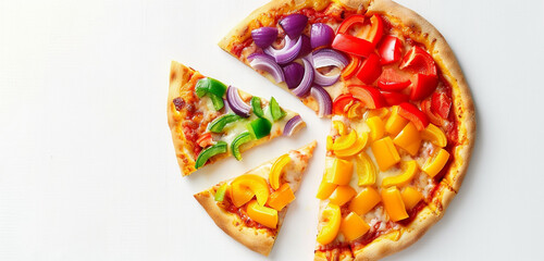 A vibrant vegetarian pizza with a rainbow of bell peppers, purple onions