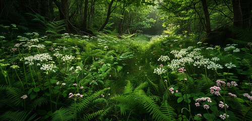 A secluded glen, surrounded by tall, dark green ferns and dotted with bright white and soft pink wildflowers