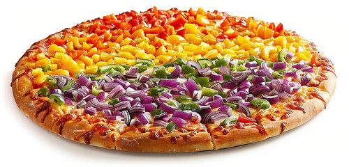 A vibrant vegetarian pizza with a rainbow of bell peppers, purple onions