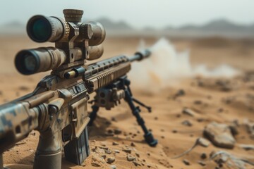 A rifle with a scope is on a sandy ground - obrazy, fototapety, plakaty