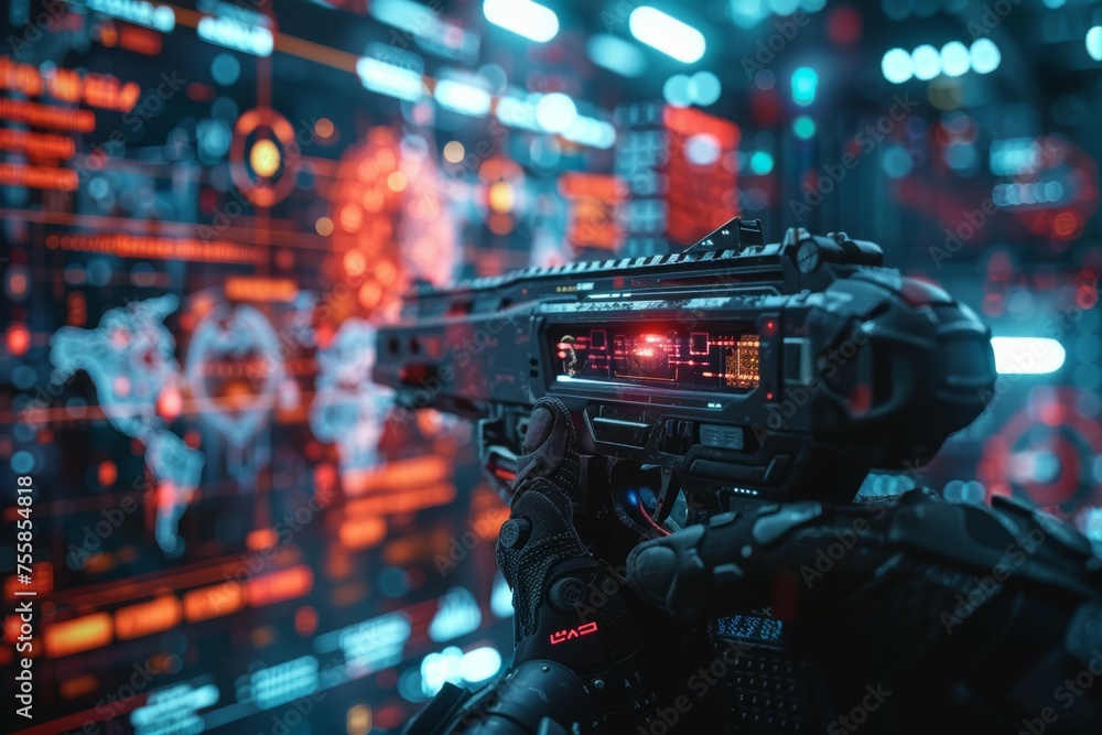 Aufkleber a man is holding a gun in front of a computer screen with a red background