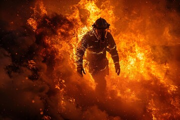 Fototapeta na wymiar a firefighter wearing fireproof clothing was walking through the flames with his body burned by the flames. True Hero. AI Generative