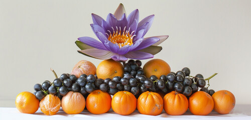 A vibrant violet Lotus flower caps a pyramid of sunny tangerines and jet-black grapes, set