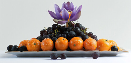 A vibrant violet Lotus flower caps a pyramid of sunny tangerines and jet-black grapes, set