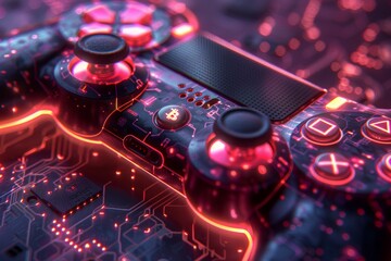A close up of a video game controller with a red glow