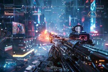 A futuristic cityscape with a soldier holding a gun