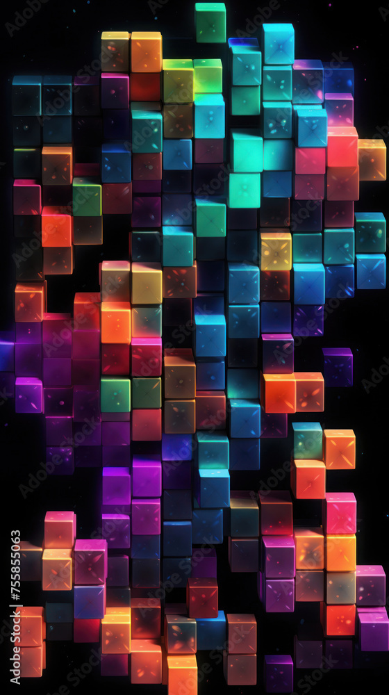 Poster a dynamic background with a collection of neon geometric shapes, presenting a futuristic and digital