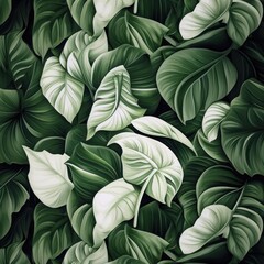 A vibrant and detailed pattern of lush green foliage, illustrating the diversity and beauty of plant leaves in various shades and shapes.