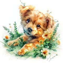 An adorable puppy surrounded by spring flowers, capturing a cheerful and playful mood. Perfect for designs related to pets, springtime, and happiness.