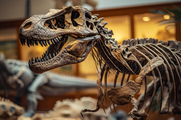 Fototapeta premium Dinosaur skeleton. Background with selective focus and copy space