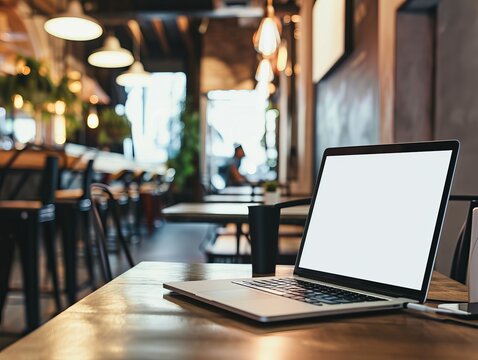 A laptop with white screen on a wooden table in a cozy cafe, ideal for tech blogs or workspace-related content
