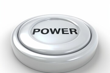 Shiny power button with illuminated  power  text on white background, modern technology concept