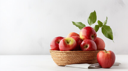 Naklejka na ściany i meble Ripe Red Apples in Wooden Basket on Windowsill, Capturing the Cozy Essence of a Farmhouse Kitchen Harvest