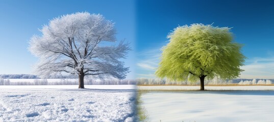 Winter snow and summer green trees outdoors, environmental change and global warming concept