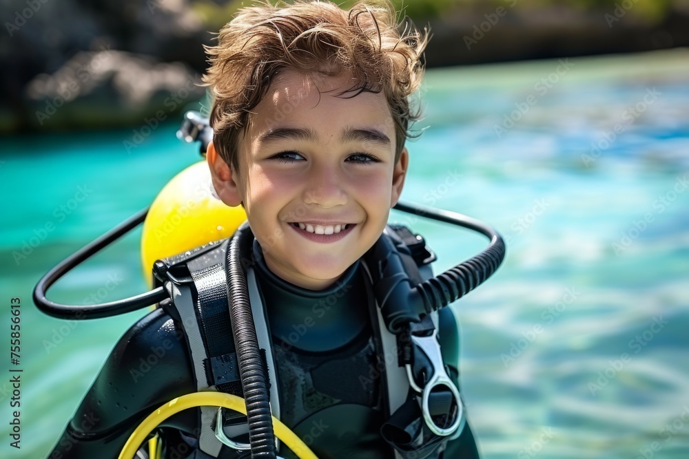Poster child at diving lessons. background with selective focus and copy space