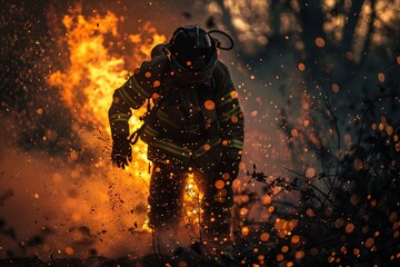 Fototapeta na wymiar a firefighter wearing fireproof clothing was walking through the flames with his body burned by the flames. True Hero. AI Generative
