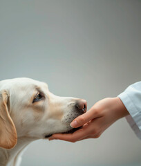 The dog put its head on the man's hand and looks at him with eyes full of trust; grey, beige...