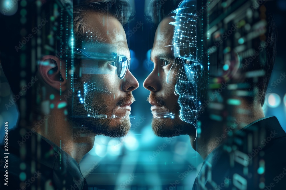 Poster two men's faces are reflected in a computer screen