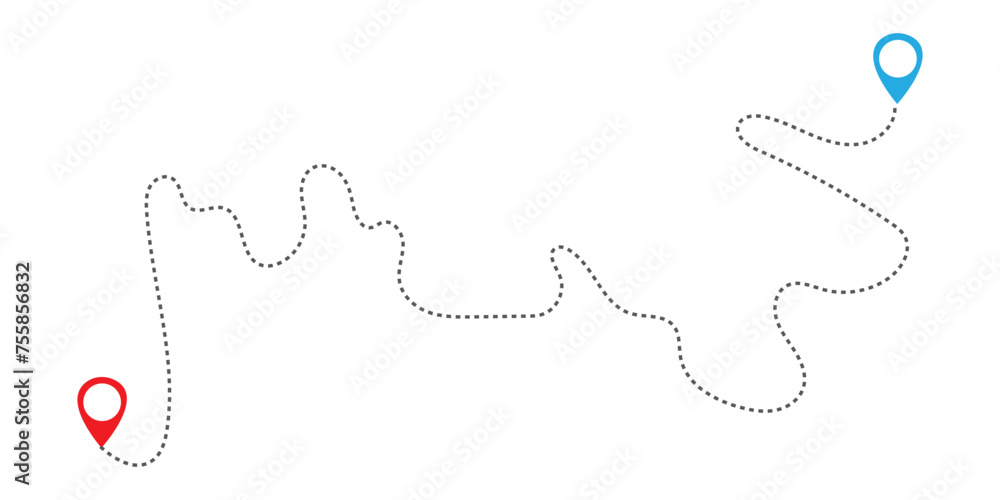 Poster a red location pin with a dashed way. textured destination sign in a flat style. vector illustration