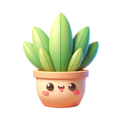 A 3D illustration of a cartoon-style plant character with a face, cute houseplant.