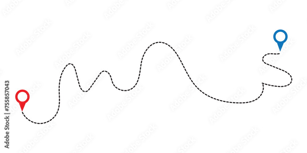 Poster route icon between two points with dotted path and location pin. location pointer continuous one lin