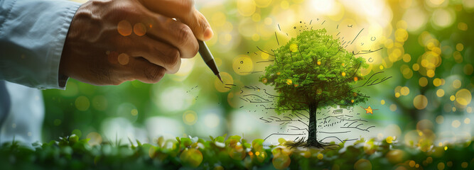 Close up hand of a business man drawing an eco tree on a whiteboard with a marker pen