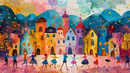 Whimsical Illustration of People Dancing in a Colorful Town Square