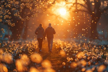 Obraz na płótnie Canvas A couple walking through a field of flowers with the sun shining on them