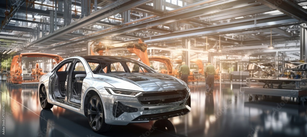 Poster automated robotics in a futuristic electric vehicle manufacturing assembly line concept.