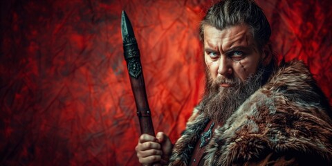 Fierce bearded man in furs holds a vintage dagger on a red background