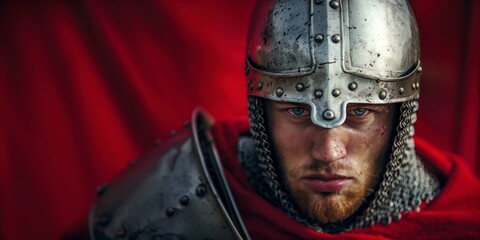 Stern-faced knight in a classic chainmail and steel helmet, dramatic red
