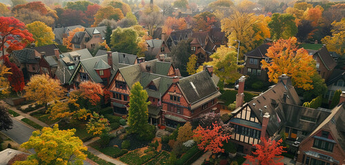 An aerial view of a 1920s Tudor neighborhood in Cleveland, highlighting the distinct architectural features and landscapes, with typical roof colors changed to shades of green 