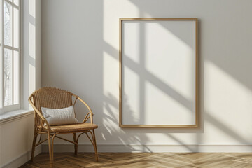 Frame wall mockup room interior design with rattan armchair. Modern home picture, white design background poster, blank photo. Wooden empty scandinavian house mock up. Rustic indoor frame image