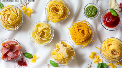 "An array of delicate pastas and sauces, from spaghetti to pesto, beautifully arranged on a white backdrop with lighting that emphasizes the textures and silky smoothness of the pasta