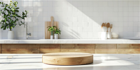 Kitchen table podium background. White kitchen with wooden stand for food product display. Empty wall, modern desk with wood board 3d abstract template