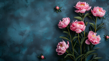  Pink peony over dark background. Moody floral baroque style image. copy space. generative ai