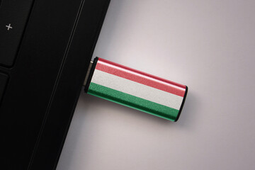 usb flash drive in notebook computer with the national flag of hungary on gray background.