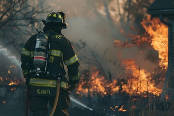 Obraz premium Professional Firefighter Extinguishing Large, High-Priority Part of the Fire. AI Generative