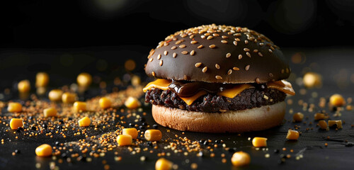 An artisan burger with a black bean patty and golden corn kernels sprinkling around, showcased on a jet-black surface