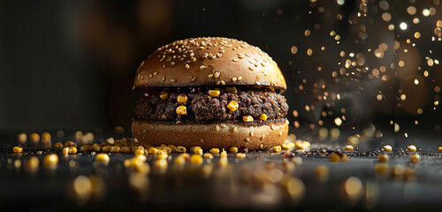 An artisan burger with a black bean patty and golden corn kernels sprinkling around, showcased on a jet-black surface